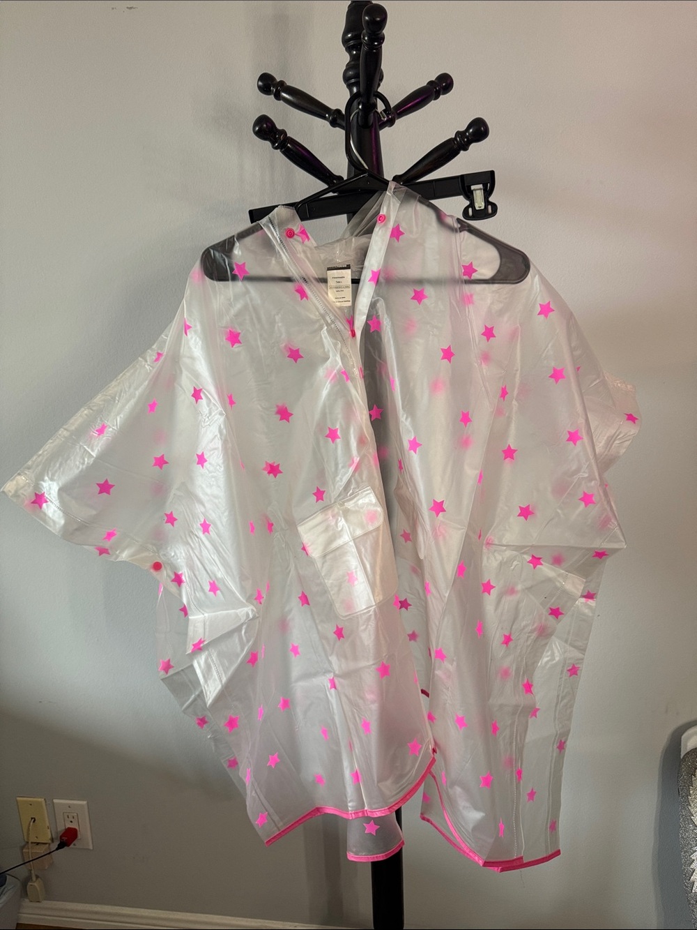 Clear Rain Poncho with Pink Star Print